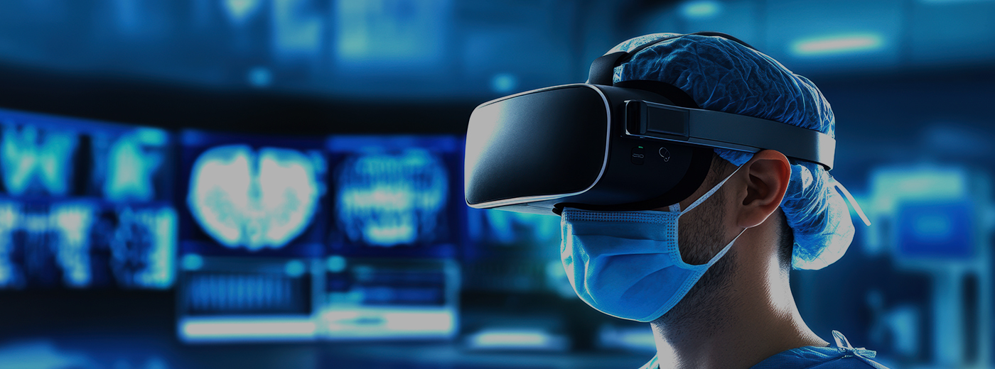 A medical professional wearing a VR headset in a high-tech operating room, utilizing virtual reality technology to enhance surgical procedures and patient care