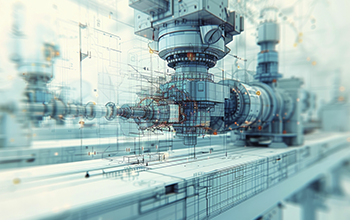 Abstract drawing of a manufacturing line for prosthetics and medical devices, on a medical manufacturing background, concept for niche factories specializing in healthcare products